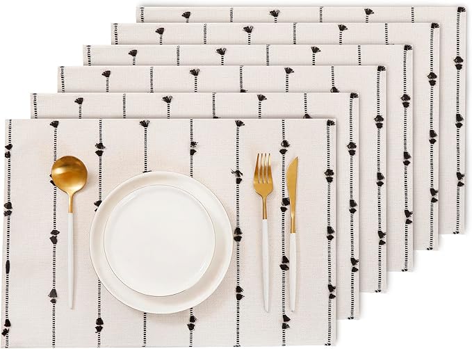Farmhouse Placemats 13 x 19 Inch Set of 6 for Dining Table Decor Woven Cloth Place Mats for Boho Rustic Kitche Spring Home Decor Cotton Placemats Black and Beige Table Mats