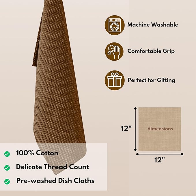 Native Fab Waffle 12 Pack Dish Cloths - 100% Cotton, Absorbent, Quick Drying, Washable Towels for Cleaning, Cooking & Baking - Ideal for Home, Restaurants, Bars, BBQs - 12 x 12 inches - Brown