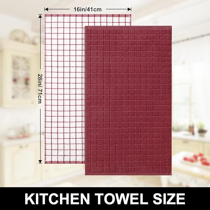 Homaxy Premium Cotton Kitchen Towels 16"x 28", Large Natural Ring Spun 390 GSM Dish Towels, Super Absorbent Terry Kitchen Hand Towels, Soft Tea Towels with Hanging Loop, Red Check Design, 12 Pack