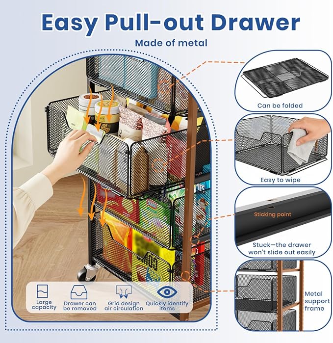 Goovilla Kitchen Cart with Drawers, 4 Tier Metal Rolling Utility Cart Organizer on Lockable Wheels with Wooden Top, Black Fruit Vegetable Storage Rack Also for Cans, Snack, Craft, Art, Office, Beauty