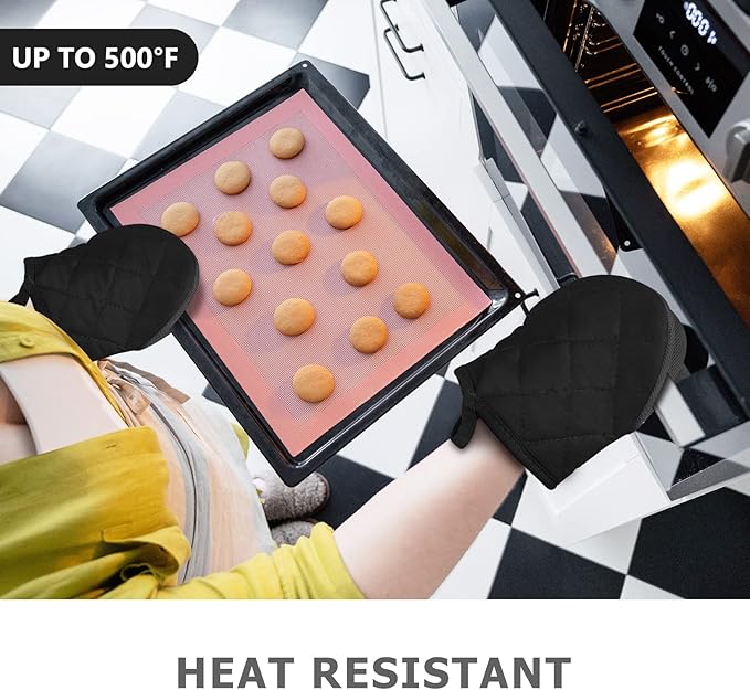 Short Oven Mitts, Heat Resistant 500°F, Silicone Grip Kitchen Gloves, Non-Slip for Baking, Grilling, BBQ, Machine Washable with Hanging Loop, 2-Pack Set, Black