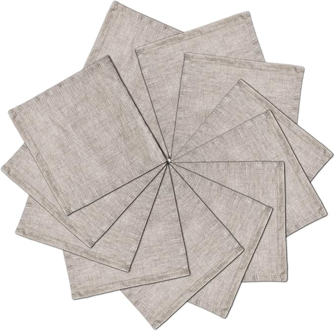 Cocktail Napkins 6 x 6 Inch Natural - 12 Pack, 100% Pure Linen Dinner Small Bar Napkin Cloth Coasters with Hemmed Edges, Durable&Washable, Perfect for Beverage, Party, Dessert, Coffee