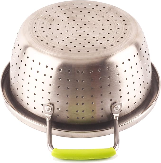Stainless Steel Deep Colander Micro-perforated 2.5 Quart Metal Food Strainer with Green Silicone Handles for Draining Pasta Cleaning Food like Fruit
