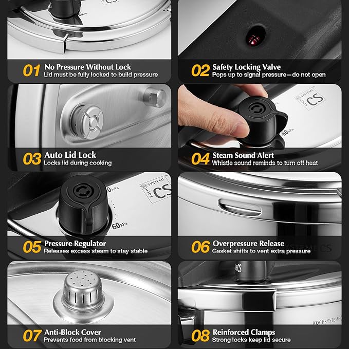 KOCH SYSTEME CS Stainless Steel Pressure Cooker 8.5 Quart, 3-in-1 Olla de Presion, One-Hand Locking, 3 PSI Settings Stovetop Pressure Cookers, induction Pressure Cooker, Glass Lid & Steamer, 8.5QT