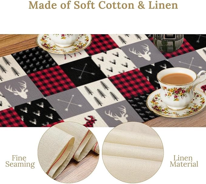 Bear Deer Table Runner, Vintage Rustic Farmhouse Cabin Animal Buffalo Plaid Art Printed Runner for Home Kitchen Dining Table Living Room Decor Fabric 1 Panel W13xL36in