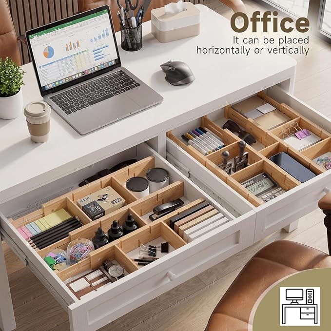 Bamboo Drawer Dividers, Expandable Kitchen Drawer Organizer, Include 8 Dividers, 8 Small Inserts and 8 Medium Inserts for Home, Office, Dressers (Short-8 Dividers)