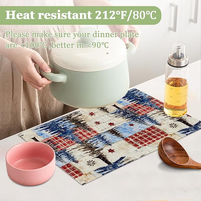 Winter Christmas Tree Placemats Set of 6, Washable Heat Resistant Table Mat Festival Linen Place Mats for Party Kitchen Dining Home Decor 12x18 Inch