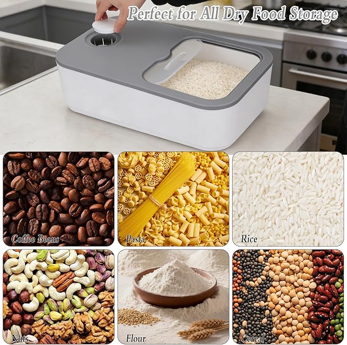 Rice Storage Container Set, 11 Lbs Plastic Airtight Rice Dispenser with Measuring Cup Dry Food Pantry Organizer Storage Bucket Box with Lid Food Container Kitchen Organizer for Grain Cereal