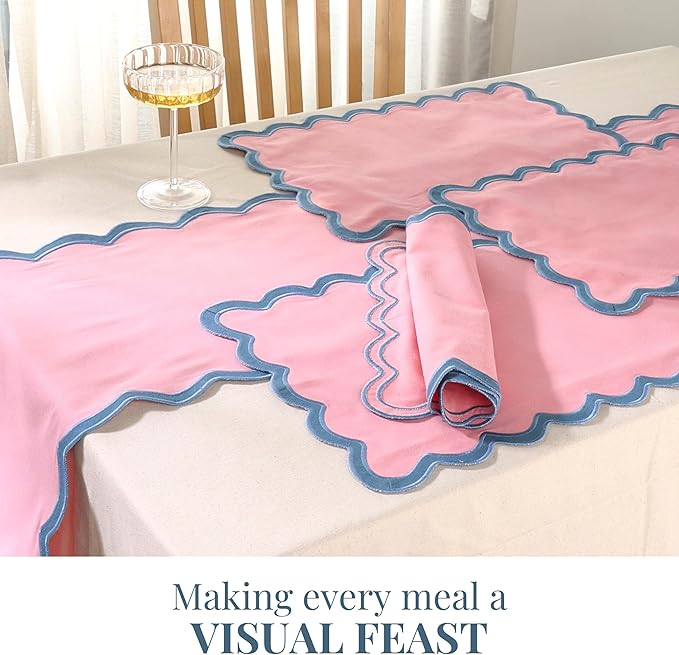 Folkulture Placemats Set of 4 (13 x 19) | 100% Cotton, Cute, Heat Resistant,Machine Washable Scalloped Place Mats | Pink Rectangular Cloth Table Placemats or Dining Table Mats for Dinner Party