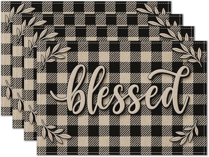 HOMETITUTE Blessed Placemats Set of 4 Linen 12x18 Inch Washable Table Mats Black and White Buffalo Plaid Rustic Farmhouse Place Mats Decorative Kitchen Dining Table Party Holiday Home Decor
