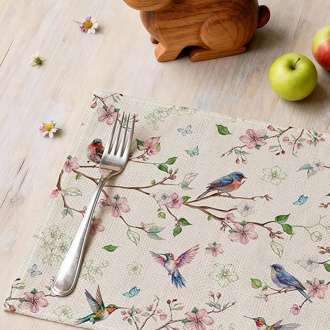 Spring Placemats Set of 4 12x18 inch for Dinning Table - Floral Bird Branch Spring Decor for Party, Dinner - Farmhouse Seaosonal Table Mats Floral Decroations for Home