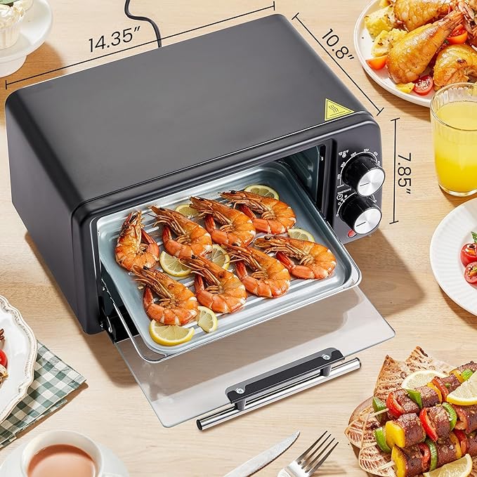 Elite Gourmet ETO449X 9L / 4-Slice Countertop Toaster Oven, Compact Design, 30-Min Timer, Adjustable Temp up to 450°F, 800W Quartz Heating, Drop-Down Crumb Tray, Bake, Broil, Toast, Black