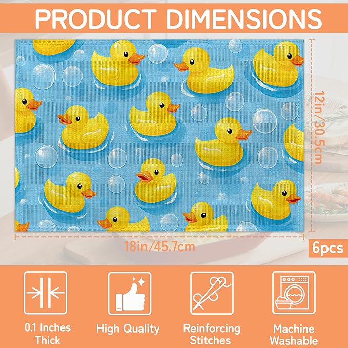 Cute Duck Table Mats Set of 6,Non-Slip Washable Placemats for Restaurant Home Kitchen Dinner Table 12x18Inch