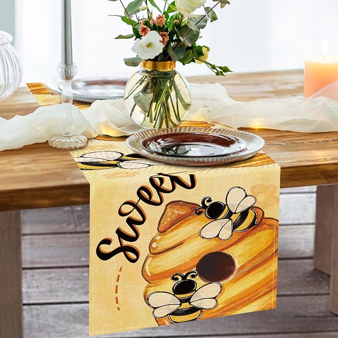 Spring Summer Bumble Bee Honeycomb Table Runner, Yellow Sweet Beehive Kitchen Dining Table Decoration, Seasonal Flower Burlap Indoor Outdoor Home Decor Party Supply 13 x 90 Inches