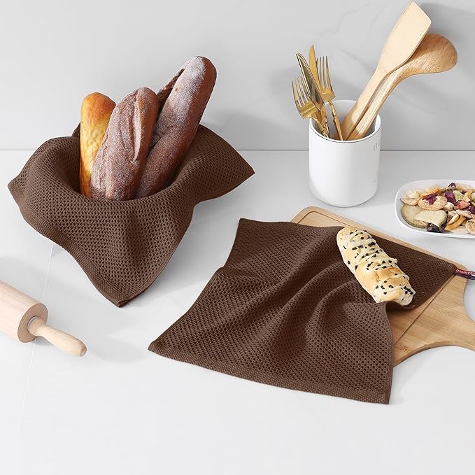 Kitinjoy 100% Cotton Kitchen Dish Cloths (12 X 12 Inches, Coffee), 6 Pack Waffle Weave Ultra Soft Absorbent Dish Towels for Drying Dishes Quick Drying Kitchen Towels Dish Rags