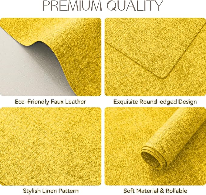 Romanstile Vinyl Placemats Set of 6-12 X 17 Inch - Faux Leather 100% Waterproof Oil-Proof Wipeable Place Mats, Heat Resistant Reversible PU Table Mats for Kitchen Dining Party Outdoor, Yellow