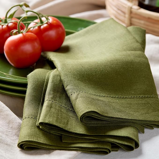 Solino Home Linen Napkins Set of 4 - Classic Hemstitch 100% Pure Linen Avocado Green Dinner Napkins Cloth 20 x 20 Inch for Spring, Summer - Handcrafted and Machine Washable
