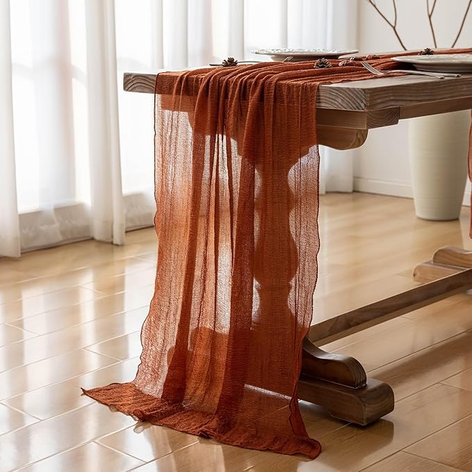 Keketoarrange 3pcs Fall Terracotta Table Runner Rust Gauze Rustic Cheesecloth 120 Inch 10 FT for Wedding Baby Shower Bridal Shower Birthday Engagement Garden Party Sheer Boho Thanksgiving Decorations