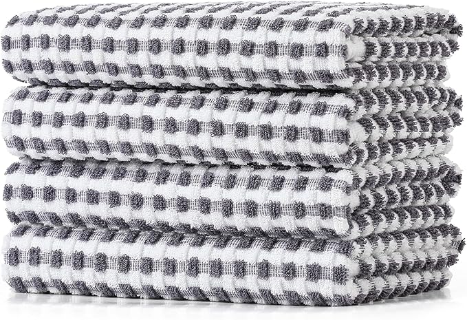 SALAS Cotton Dish Towels Cloths for Kitchen Drying Dishes, Lattice Terry Towels, Highly Absorbent Kitchen Cloths with Hanging Loop, 16‘’ x 26‘’, 4 Packs, Gray