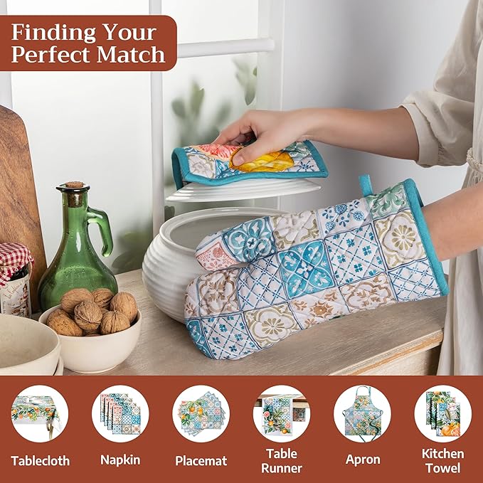 Maison d'Hermine Oven Gloves 100% Cotton Oven Mitt 7" x 13" with Loop Heat Resistant BBQ Cooking Gloves Baking Grilling Gifts for Mothers Day Spring/Summer (Pack of 1, Agrume)