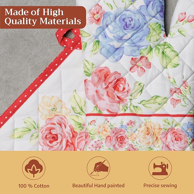 Maison d' Hermine 100% Cotton Oven Mitt & Pot Holder Set (7.5"x13" & 8"x8") Heat Resistant BBQ Cooking Gloves with Loop Baking Grilling Kitchen Gifts for Mothers Day Spring/Summer(Vintage Floral)