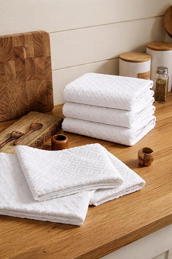 SYDR Premium Kitchen Towel (16”x 28”, 4 Pack), Cotton Kitchen Hand Towel, Jacquard Diamond Weave, Highly Absorbent Tea Towel Set with Hanging Loop, White