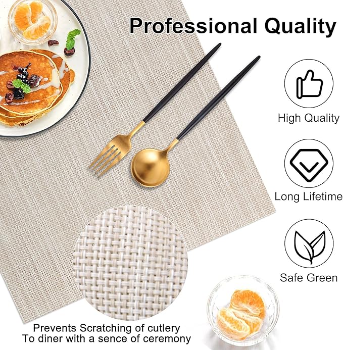 Vinyl Placemats Set of 6, PVC Woven Washable Non-Slip Table Mats, Heat Resistant Wrinkle Free Place Mats for Dining Table, Easy to Clean (6, Beige)