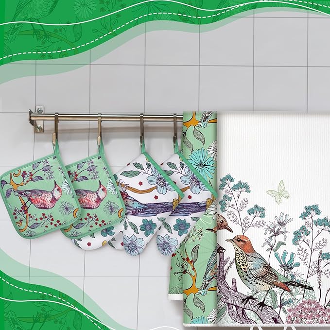 Leinuosen 6 Bird Flower Kitchen Towels Kitchen Decor and Accessories Set Floral Plant Oven Mitts and Pot Holders Sets Farmhouse Absorbent Dish Towels for Cooking Baking Grilling