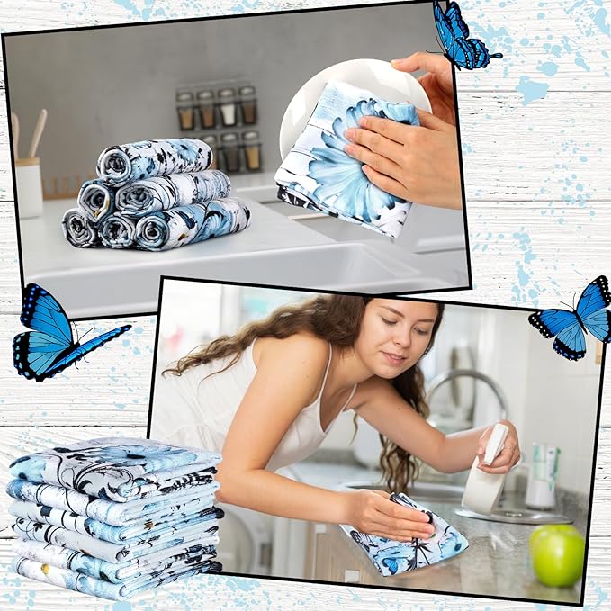 Breling Set of 6 Blue Daisy Kitchen Towel Vintage Themed Dish Towel Bathroom Decorative Rustic Tea Cloths for Kitchen Bathroom Home Cooking Housewarming Gifts, 14 x 21 Inch