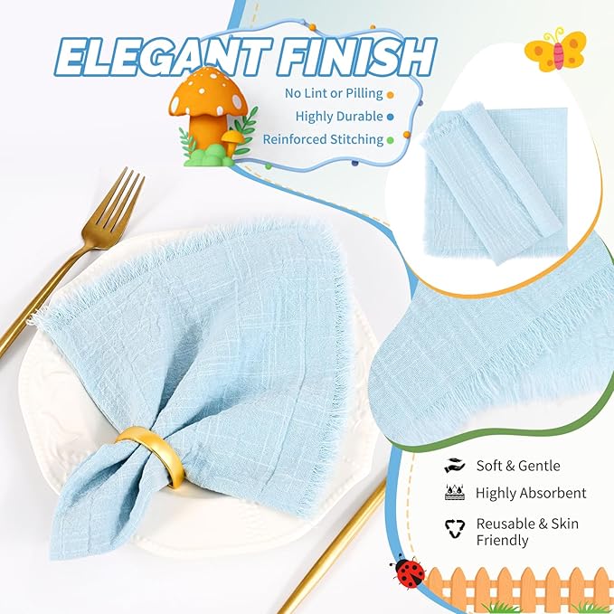 Showgeous 30 Pack Light Blue Cloth Napkins with Fringe 16x16 inch 100% Cotton Blue Napkins Handmade Dinner Napkins Bulk Washable Soft Rustic Table Napkins for Wedding Parties Bridal Baby Shower