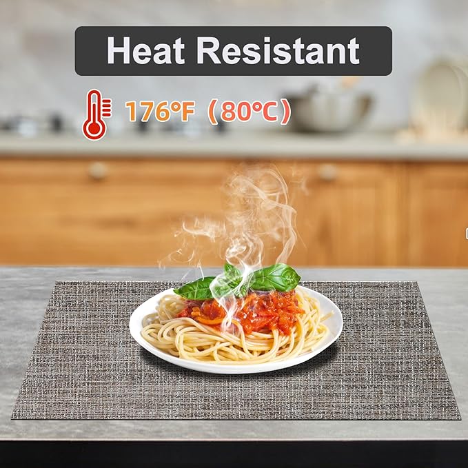 DACHUI Placemats Set of 6, Linen Look Woven Place Mats, Water Resistant, Heat Resistant, Washable, Durable Table Mats (Caramel)