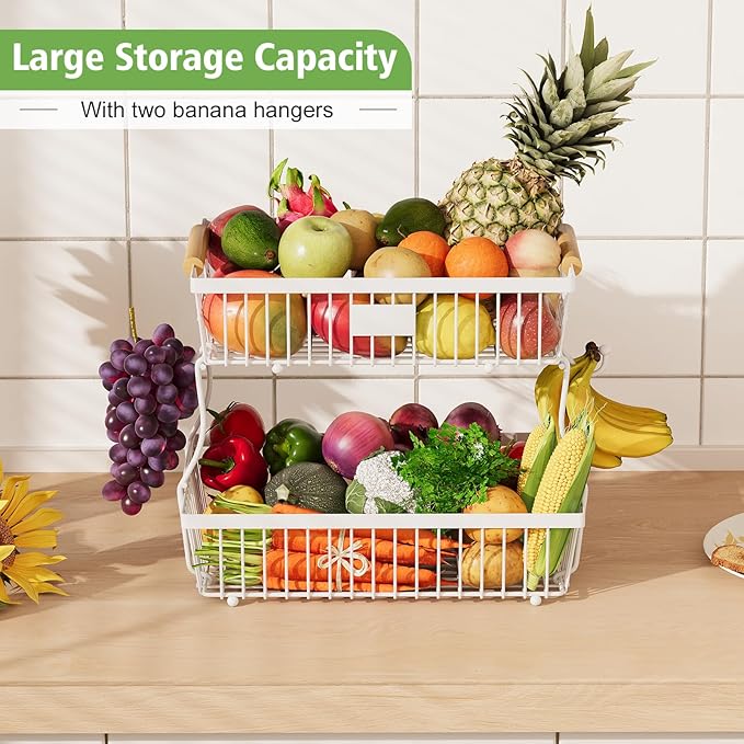 2 Tier Fruit Basket for Kitchen Counter with 2 Banana Hangers, Countertop Metal Bread Basket with Wooden Handle, Large Storage Stand for Vegetables, Snacks, Eggs, Produce Storage – White