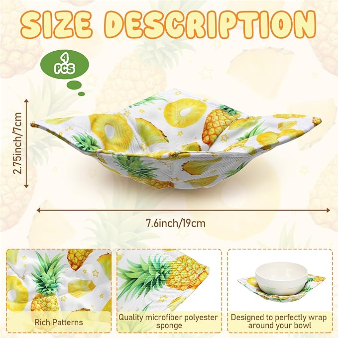 Cunhill 4 Pcs Cotton Microwave Bowl Cozy Holders for Hot Food Hot Pads Soup Bowl Potholders Heat Resistant Multipurpose Quilted Safe Holders for Kitchen Plate Supply(Light Yellow,Pineapple)