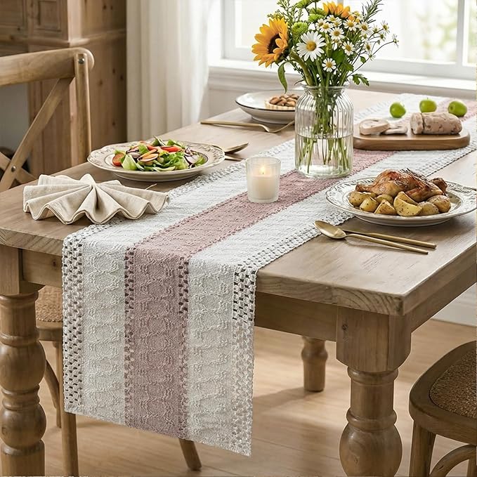 Artoid Mode Pink Farmhouse Rustic Table Runner, Seasonal Holiday Hollow Kitchen Dining Table Decoration for Home Party Decor 12x108 Inch