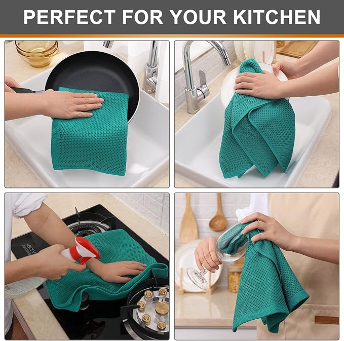 Kitinjoy 100% Cotton Waffle Weave Kitchen Hand Towels (13 x 28 Inches, Teal), 4-Pack Super Soft and Absorbent Dish Towels for Drying Dishes