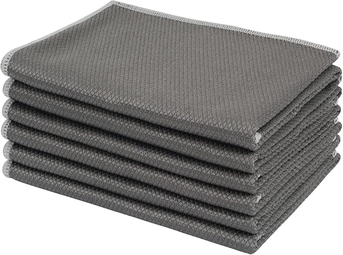 SINLAND Microfiber Glass Cleaning Cloths Wipes for Window, Car Windows, Mirrors, Eye Glass, Lens and Stainless Steel, Lint Free, Streak Free, 6-Pack, 16x16 Inch, Grey
