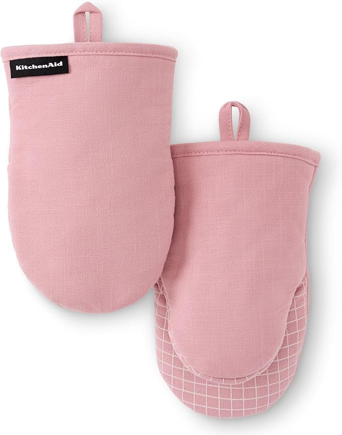 KITCHENAID Gourmet Series Gridlines Mini Oven Mitts 2-Pack Set, Heat Resistant up to 600°F, Soft Silicone Grip, Magnetic Cuff, Dried Rose, 5.5"x9"