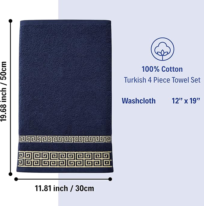 4 Piece WashCloth Set with Greek Key Design - 100% Cotton Soft & Absorbent Bathroom 12x19 in Small Towels - Soft Face Towels, Quick Dry Navy Blue Wash Cloth for Spa, Hotel & Home Use CC4
