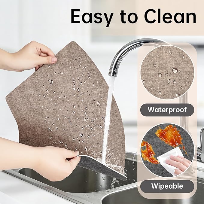 Round Table Placemats Set of 6, Dual-Sided Wedge Shape Faux Leather Table Mats, Washable Wipeable Heat Resistant Place Mats for Outdoor Indoor, Camel Gray