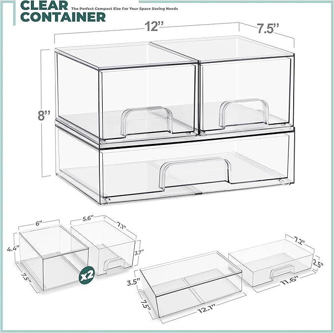 Sorbus Stackable Acrylic Storage Drawers – 2 Small + 1 Wide – 3 Pack Clear Plastic Organizer Bins for Baby Bottles, Makeup, Bathroom & Vanity, Pull-Out Drawer Design for Kitchen Cabinets