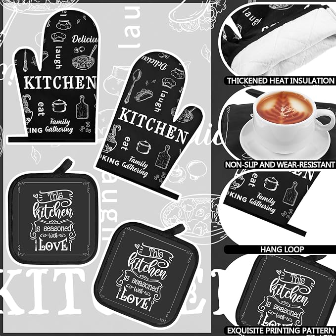 Bencailor 12 Pcs Farmhouse Kitchen Decor and Accessories Sets 4 Black and White Kitchen Towels 4 Absorbent Dishcloths 2 Pot Holders 2 Oven Mitts Gloves for Home Decor Mom Gifts