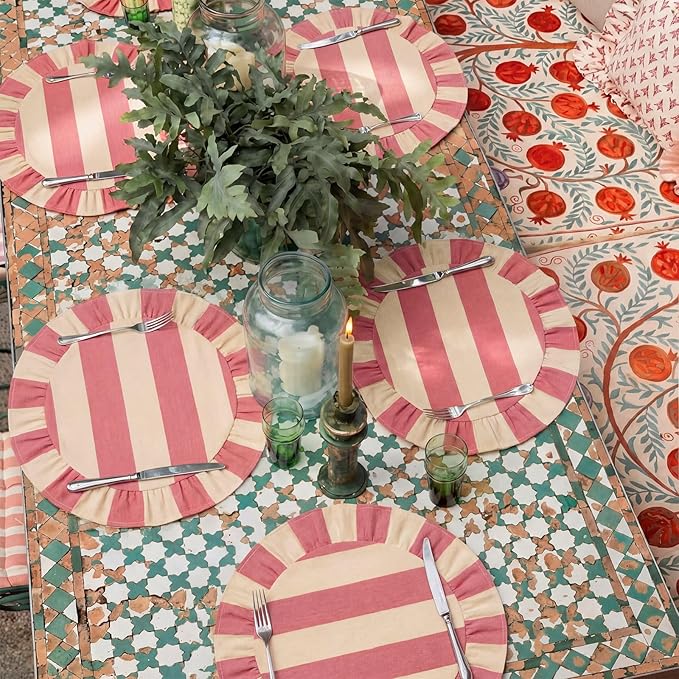 4 Pcs 15 Inch Cotton Scalloped Round Placemats, Pink and White Stripes Thin Place Mats with Ruffle, & Washable Placemats Table Mats for Kitchen Dining Holiday Gatherings Decor