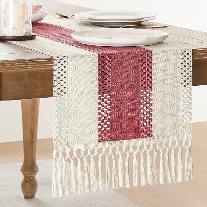 ZeeMart Macrame Style Bicolor Stitching Table Runner, 14 x 72 Inch Dusty Rose/Ivory, Boho Pink Table Runners 72 Inches Long, Farmhouse Woven Home Decor