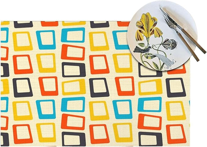 Retro Placemats Set of 4, Mid Century Modern Dining Table Place Mats, Washable Heat Resistant Table Mats for Kitchen Dinner Holiday Party Home Decor 12x18 Inch
