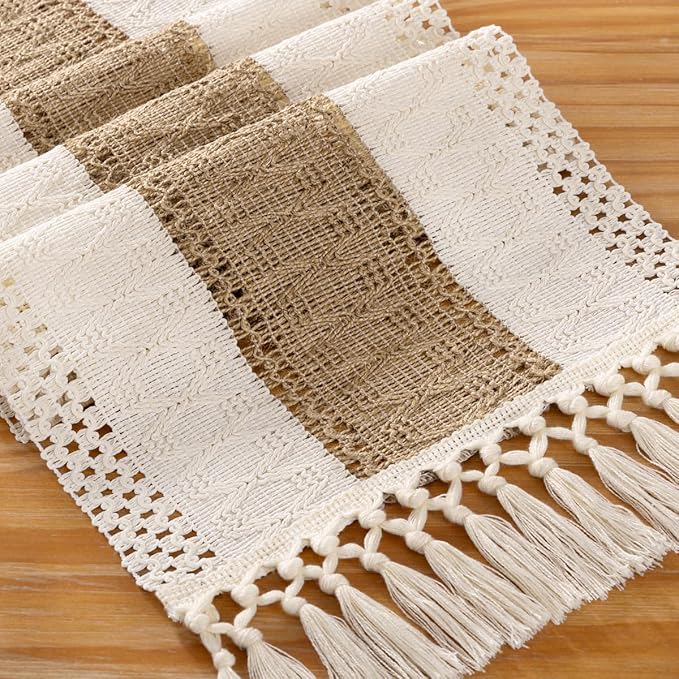 DeZerlor Boho Macrame Table Runner Spring Easter Farmhouse Woven Table Runner with Tassels 72 Inches Ivory& Burlap Brown Cotton Linen Kitchen Table Decor for Dining Dresser Home Tea Table Decor