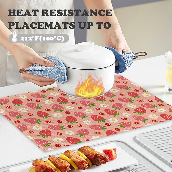 Red Strawberry Placemats for Dining Table Set of 6,Cute Flowers Place Mats for Home Party Kitchen Indoor Holiday Rustic Washable Heat Resistant Table Mats 12 x 18 Inch