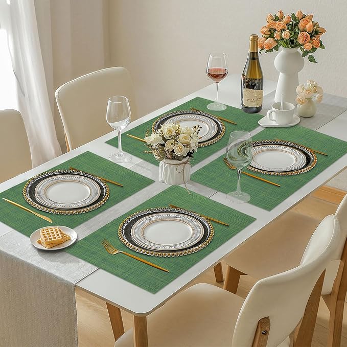 Vinyl Placemats Set of 6, PVC Woven Washable Non-Slip Table Mats, Heat Resistant Wrinkle Free Place Mats for Dining Table, Easy to Clean (6, Green)