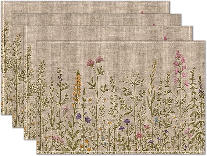 HOMETITUTE Wildflower Placemats Set of 4 Linen 12x18 Inch Washable Table Mats with Botanical Floral Design Decorative Table Placemats Set of 4 for Farmhouse Kitchen Dining Spring Summer Decor