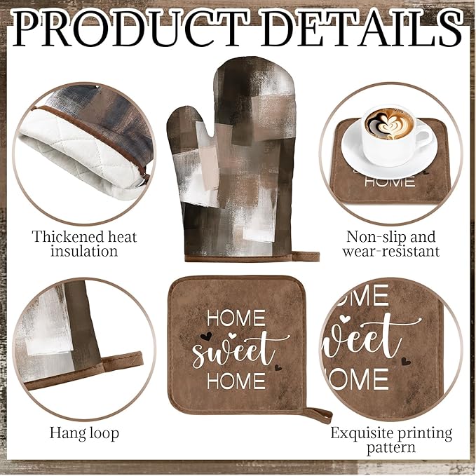 Fourluoo 10 Pcs Brown Kitchen Decor Farmhouse Oven Mitts and Pot Holders Kit Vintage Kitchen Dish Towels Modern Marble Pattern Oven Gloves for Home Decorations Baking Cooking Birthday Summer Gifts