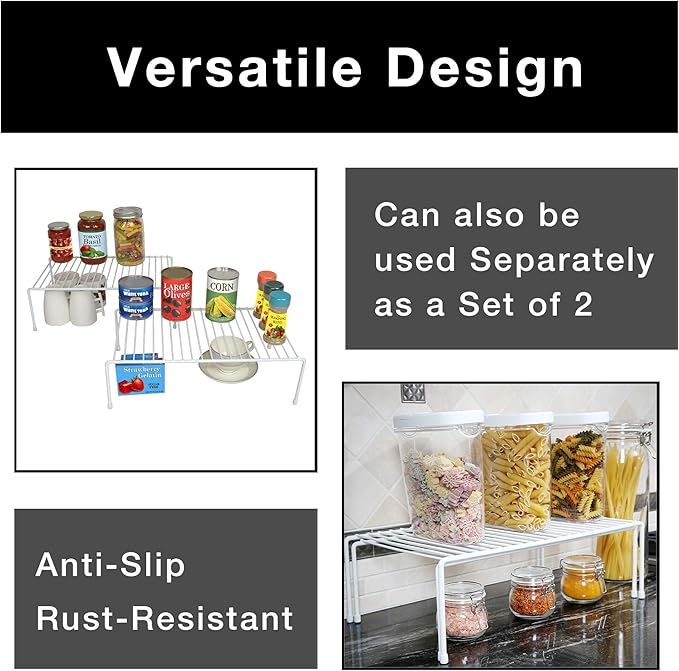 Smart Design Expandable Storage Rack - Set of 6 - Metal Wire - Kitchen Counter, Bathroom Medicine Organizer, Dish, Plate Display Shelf, Sink Cabinet, Spice Pantry - 16 x 32.5 - White